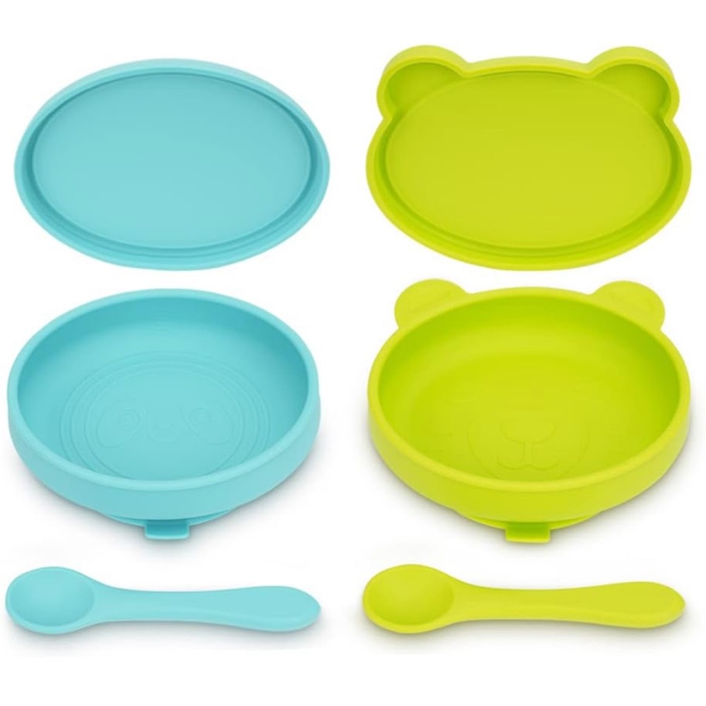 NIB 2pc Silicone Suction Baby Bowls with Lids and spoons set